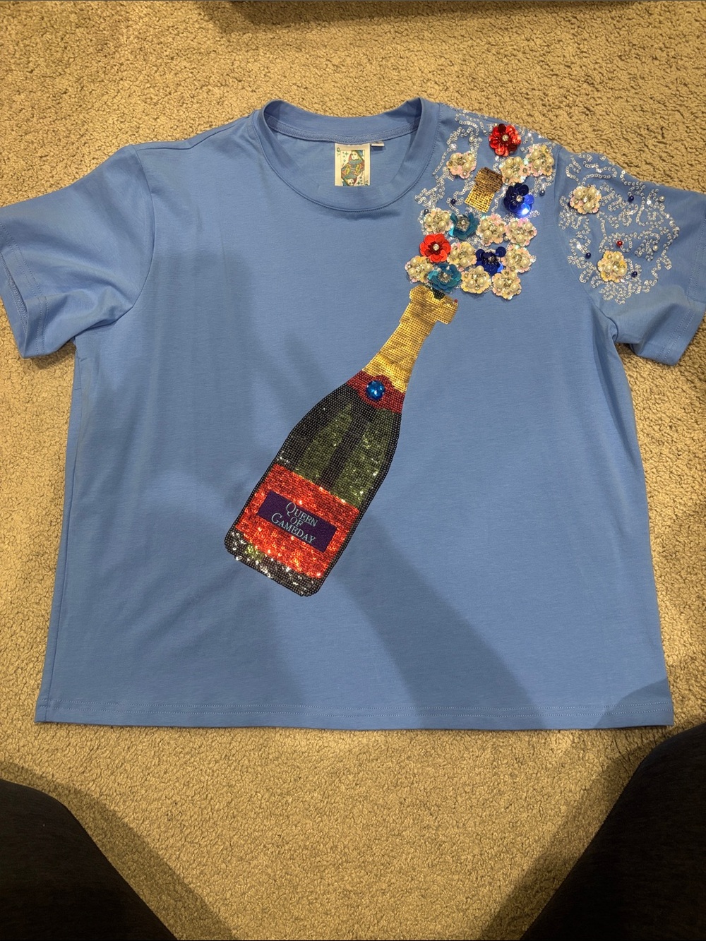 Queen of Sparkles Blue Sequin Champagne Bottle Tee